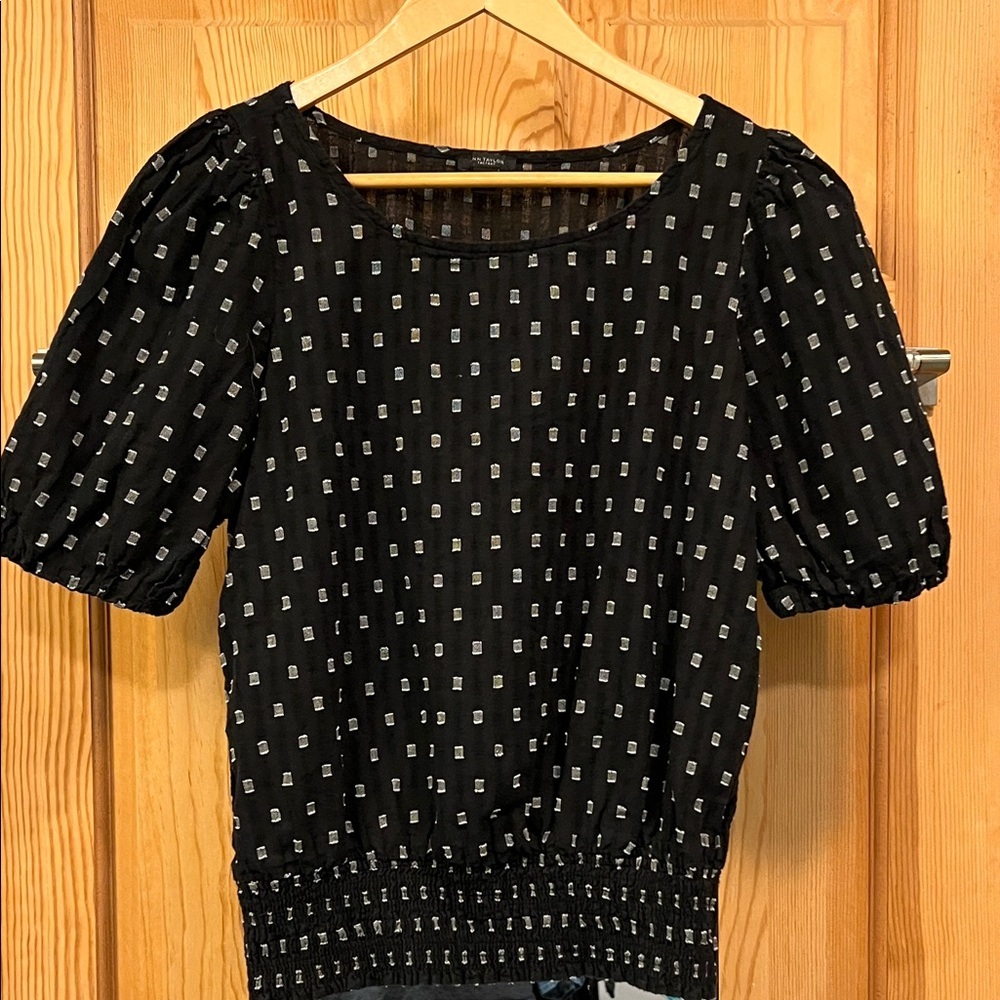 Ann Taylor Factory Black and White Patterned Puff Sleeves Blouse Sz M